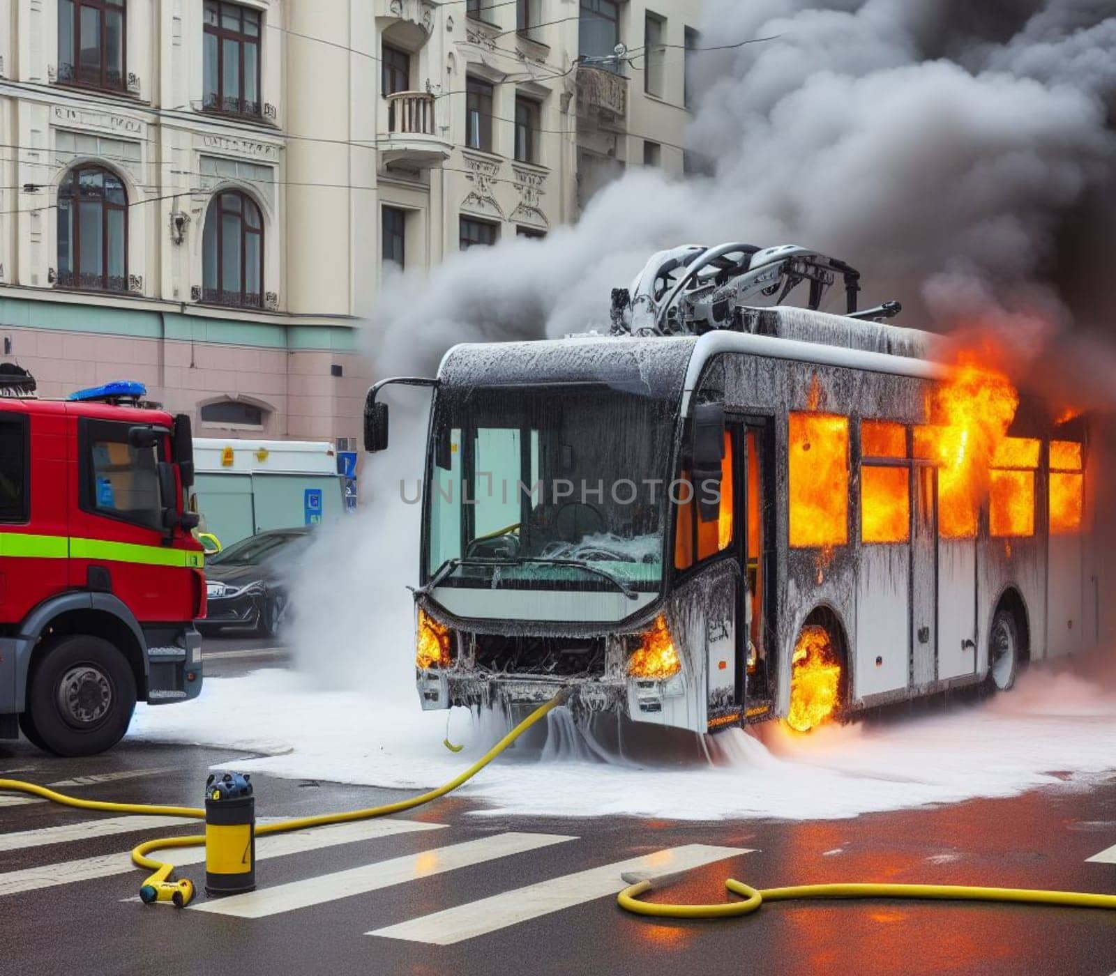 electric hybrid city bus burn bottom chasis, firefighter apply foam to extinguish flames big smoke ai generated