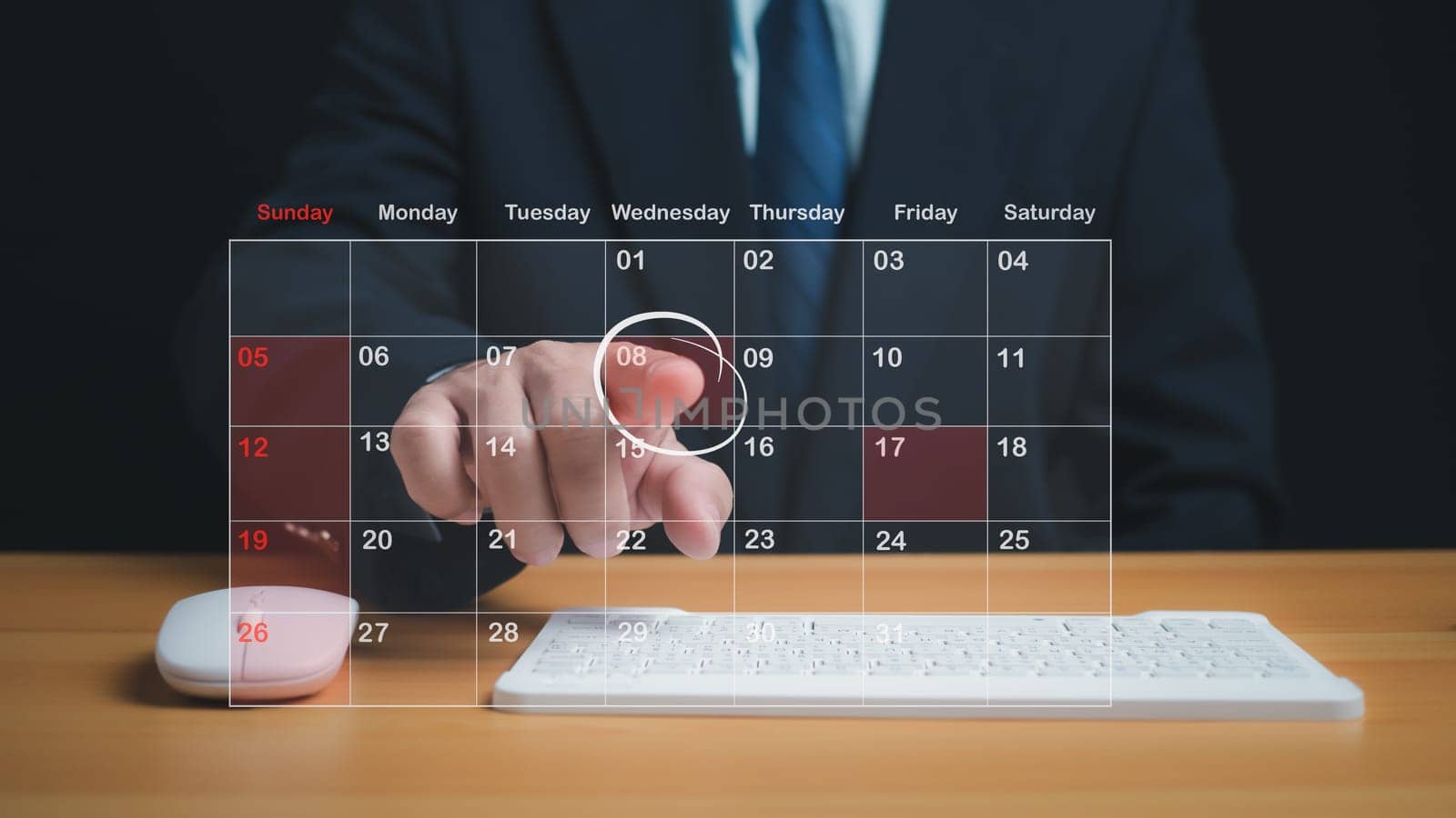 Businessman marking dates on virtual calendar, managing his business schedule, setting reminders for important appointments, creative collage for planning ideas, appointment scheduler by Unimages2527