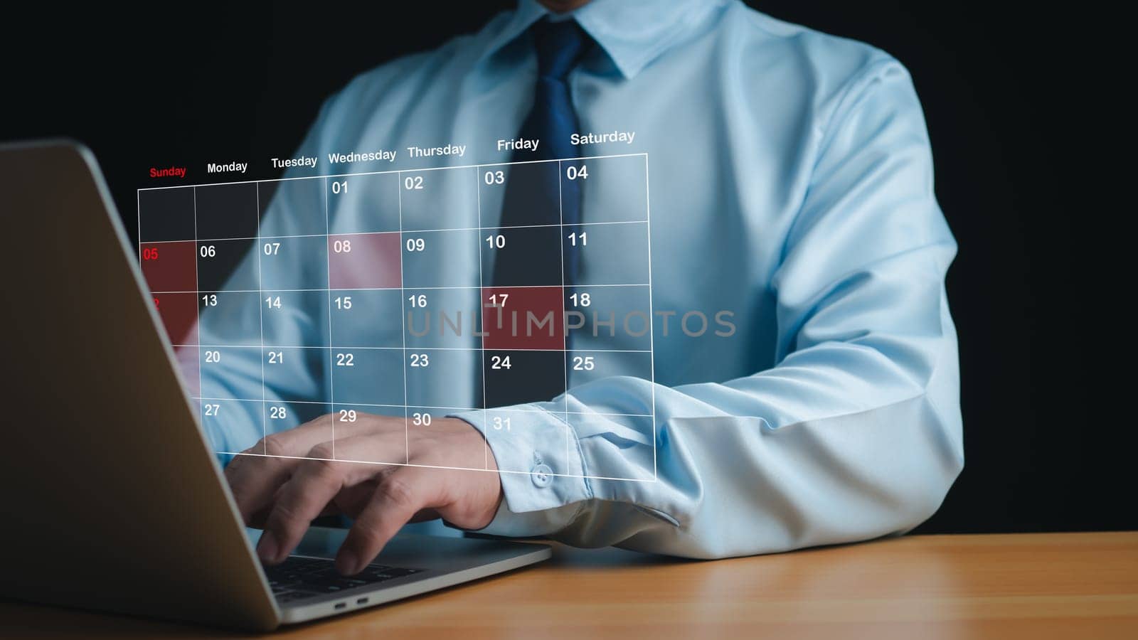 Businessman marking dates on virtual calendar, managing his business schedule, setting reminders for important appointments, creative collage for planning ideas, appointment scheduler