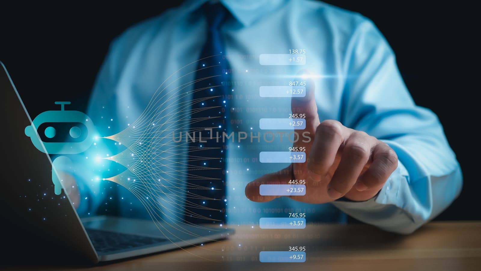 Businessman or investors use AI systems as assistants in trading, artificial intelligence technology, digital chatbot Robot application, financial investment, stock market. by Unimages2527