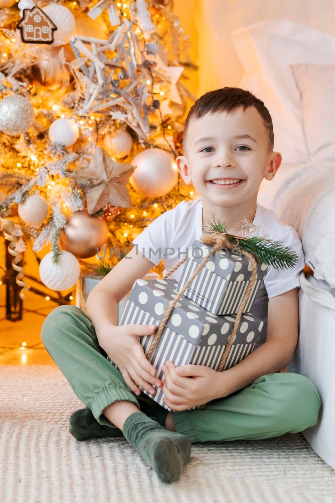 Happy boy sits on floor with gift in his hand by window in front Christmas tree by EkaterinaPereslavtseva