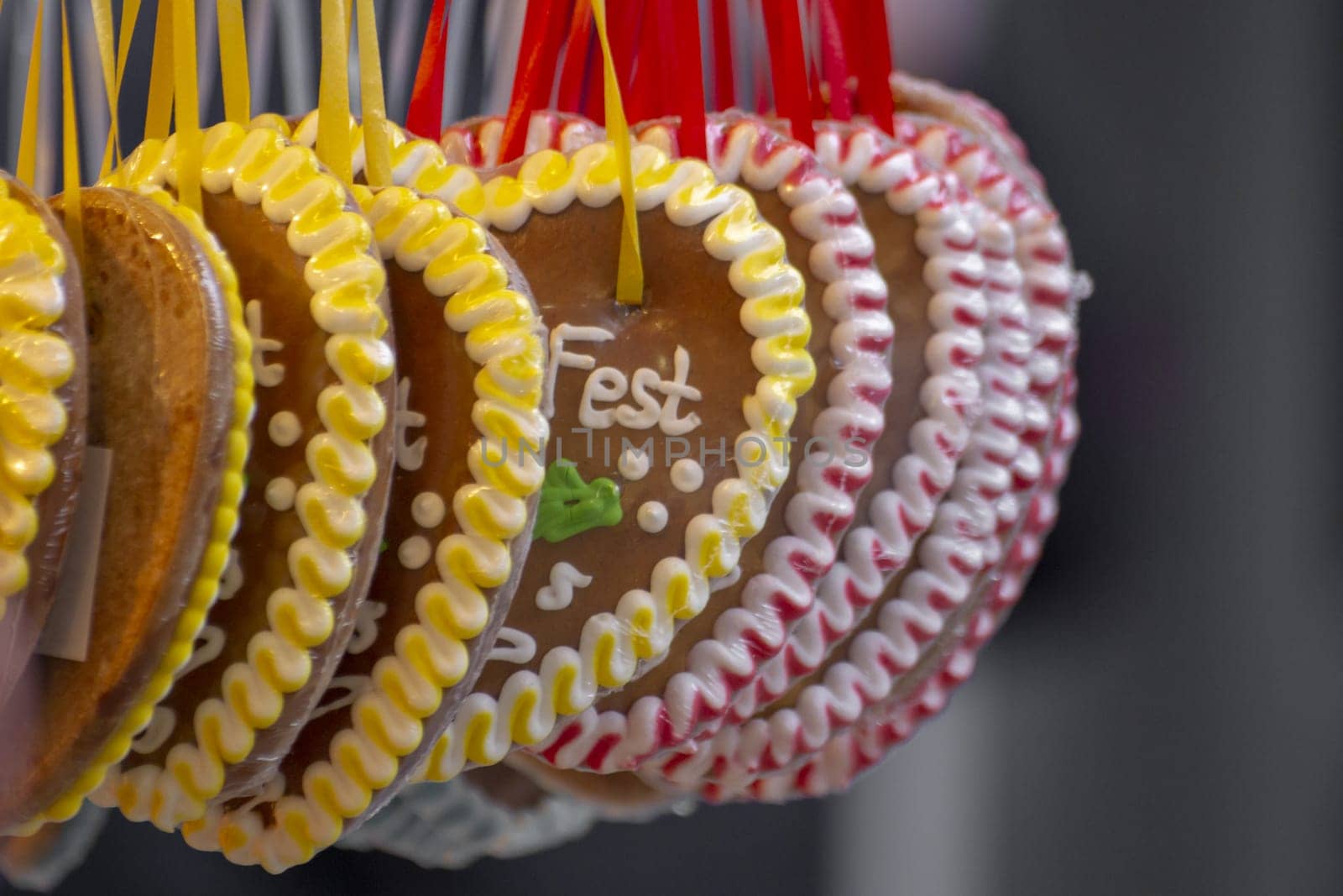 Gingerbread hearts at a folk festival with German words. High quality photo