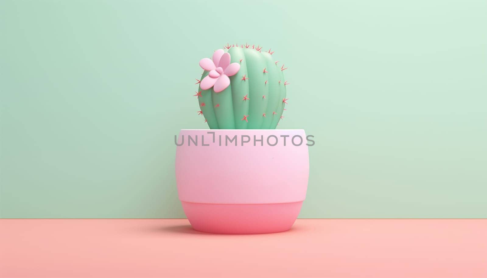 Cactus 3d illustration pastel colors. green Cactus in pink pot colored on green pink background. Fashion, minimalism. Contemporary Art gallery Style. Creative cacti concept. Trendy tropical cactus plant, pastel color by Annebel146