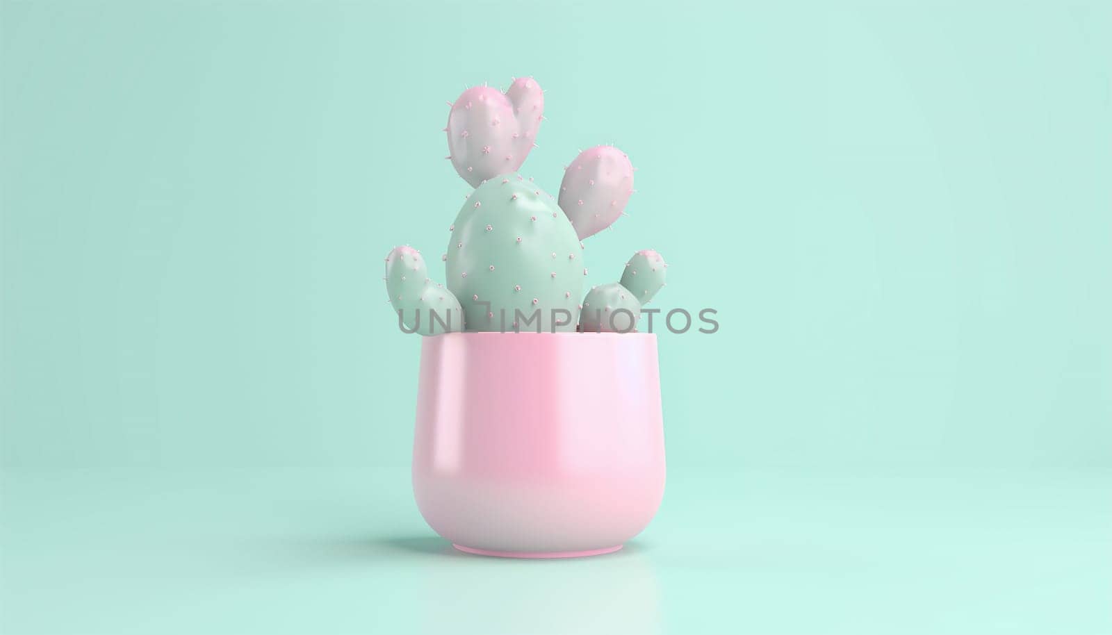 Cactus 3d illustration pastel colors. green Cactus in pink pot colored on green pink background. Fashion, minimalism. Contemporary Art gallery Style. Creative cacti concept. Trendy tropical cactus plant, pastel color by Annebel146