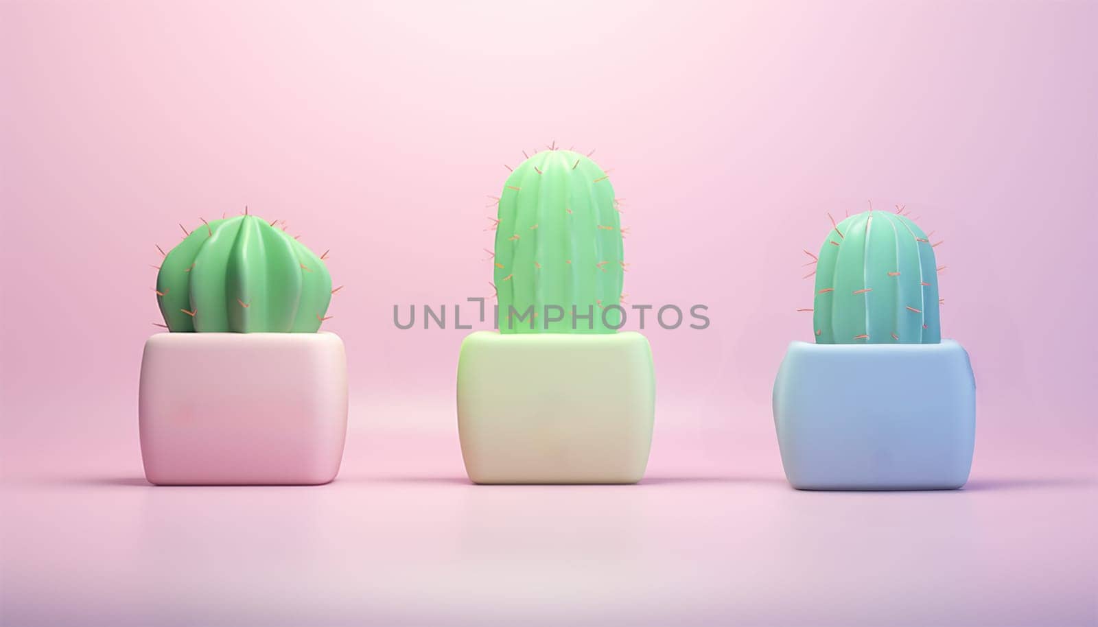 Cactus 3d illustration pastel colors. green Cactus in pink pot colored on green pink background. Fashion, minimalism. Contemporary Art gallery Style. Creative cacti concept. Trendy tropical cactus plant, pastel color cute copy space