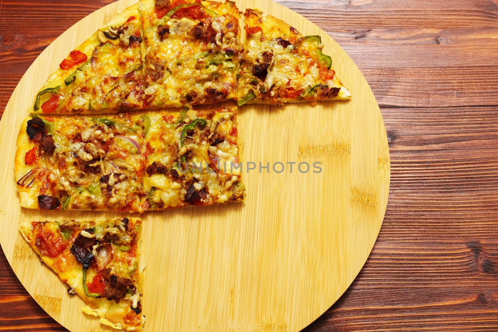 St. Louis-Style Pizza homemade on a wooden background, with cheese, pepper, bacon onion by darksoul72