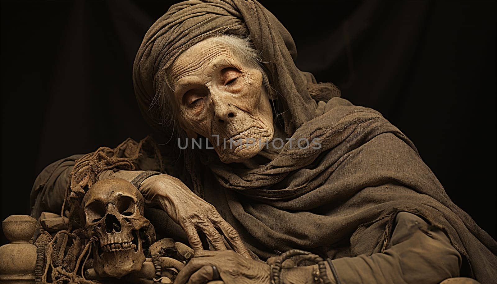 Ancient skeleton of woman in tomb Egypt. Archaeological excavations of an ancient human homo sapiens man reasonable Neanderthal bones skeleton and human skull close-up skeleton