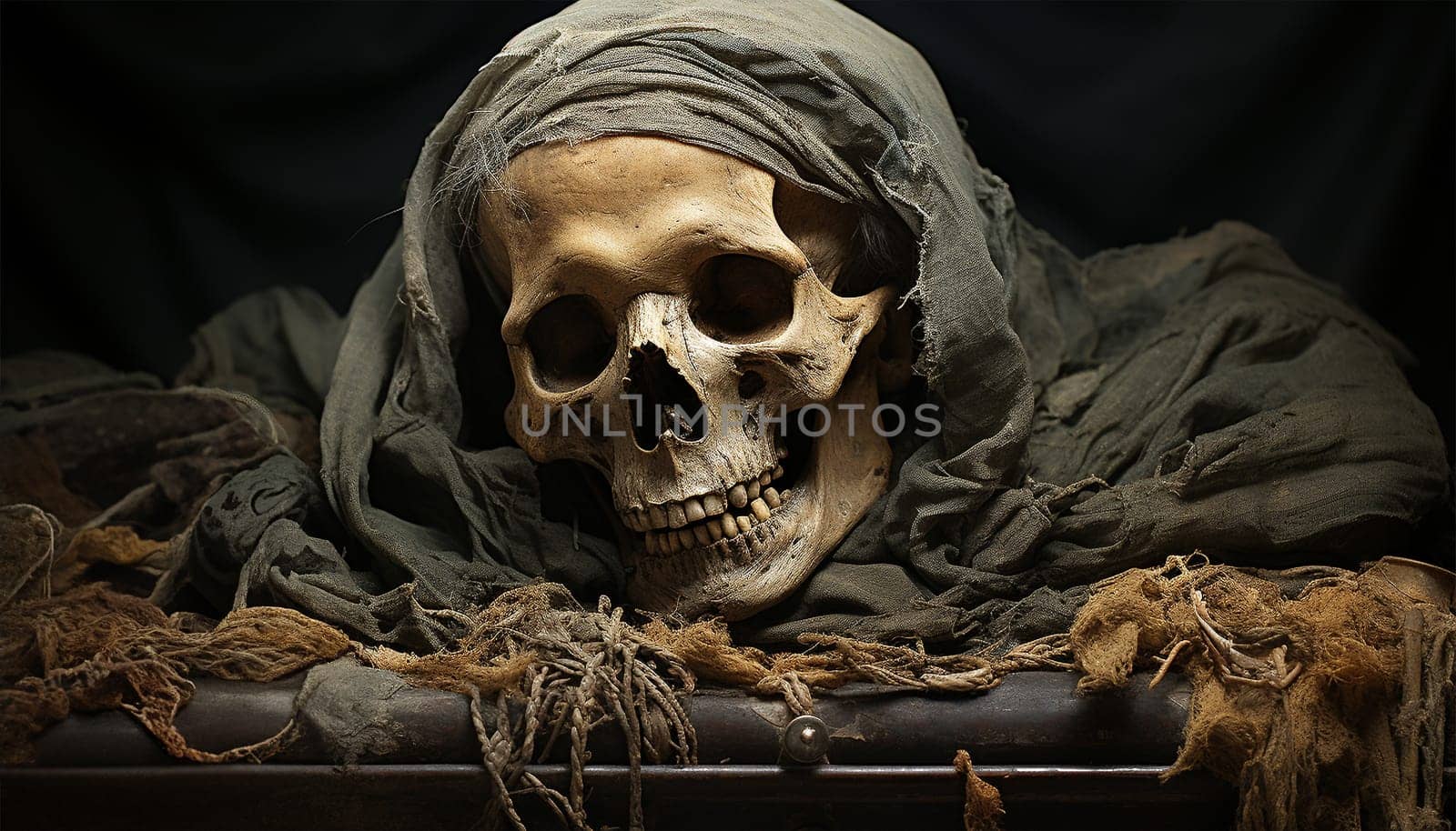 Ancient skeleton of woman in tomb Egypt. Archaeological excavations of an ancient human homo sapiens man reasonable Neanderthal bones skeleton and human skull close-up skeleton