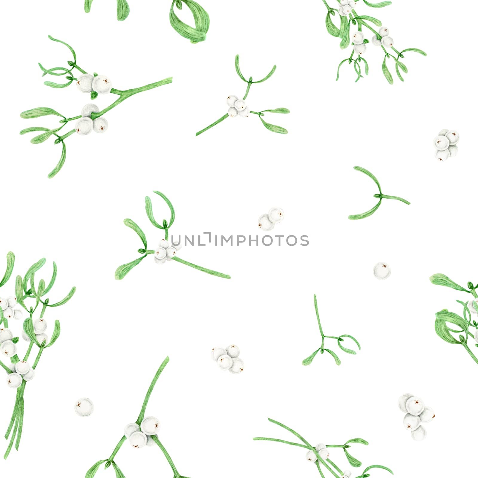 Seamless pattern of Mistletoe evergreen branches, leaves and white berries. Christmas symbol. Watercolor hand drawn botanical background for packing, textile, paper, winter prints, invitations, designs