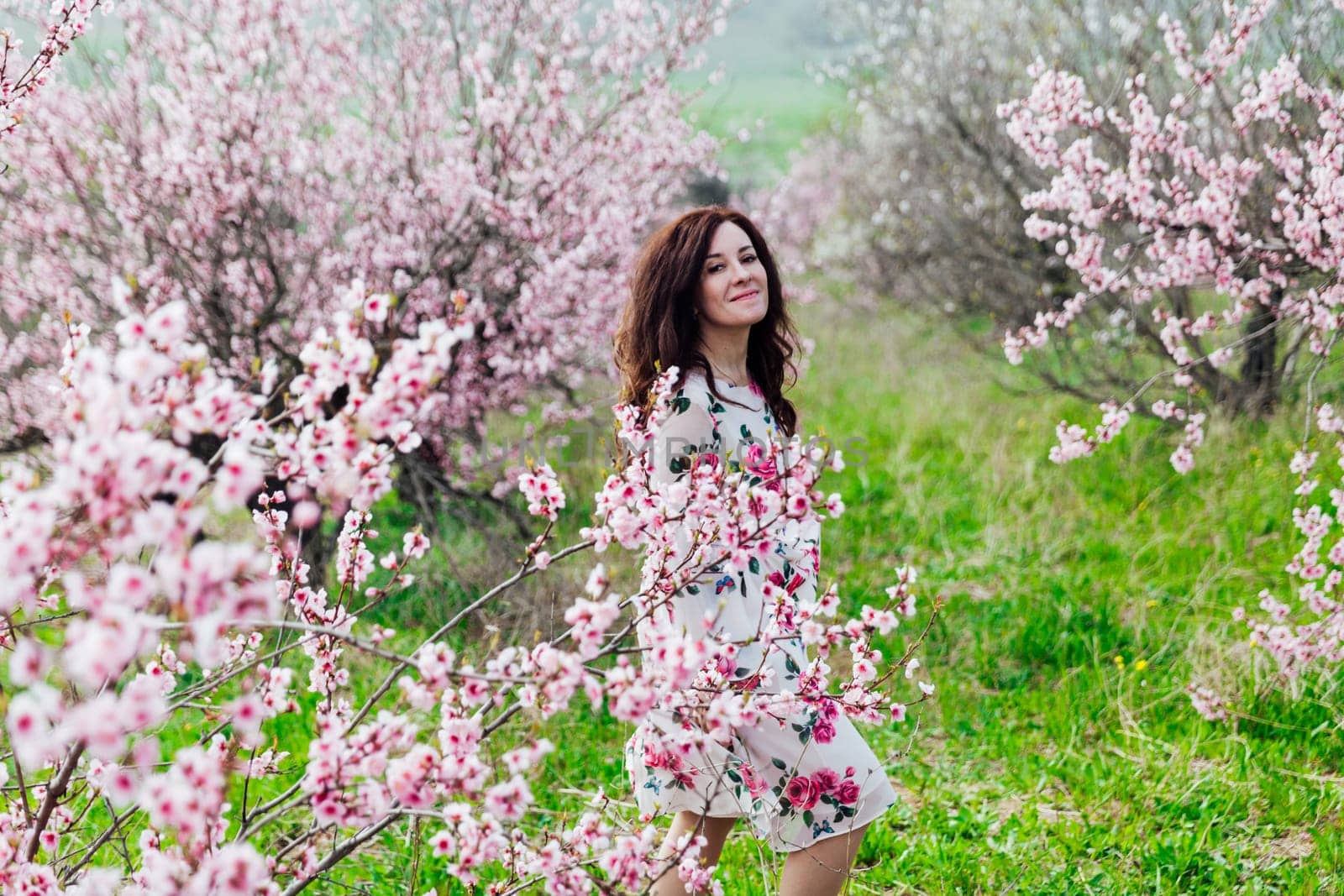 spring nature walk beautiful woman brunette in flowering trees