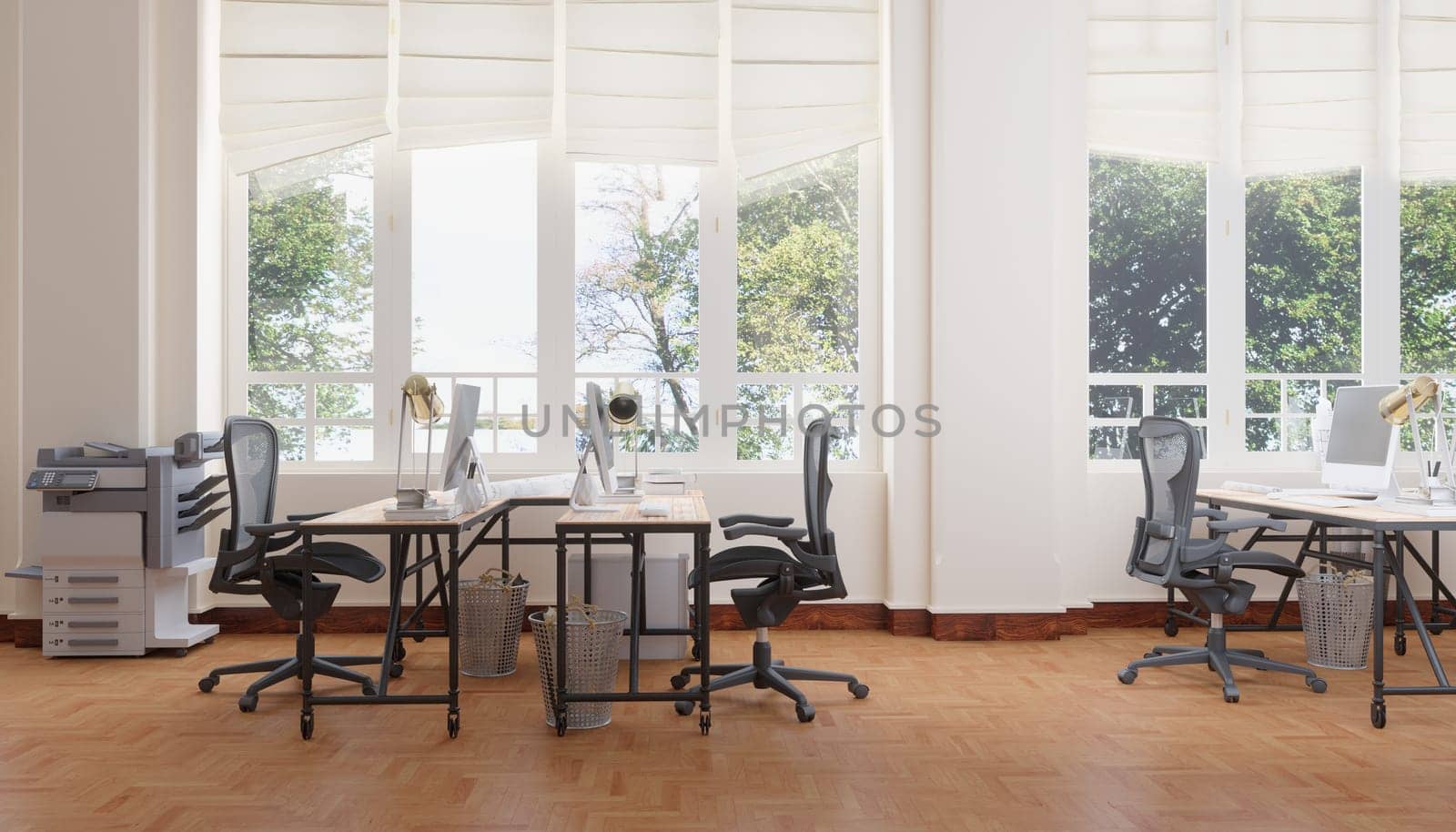 3D interior of bright open office interior space. Render of concept design