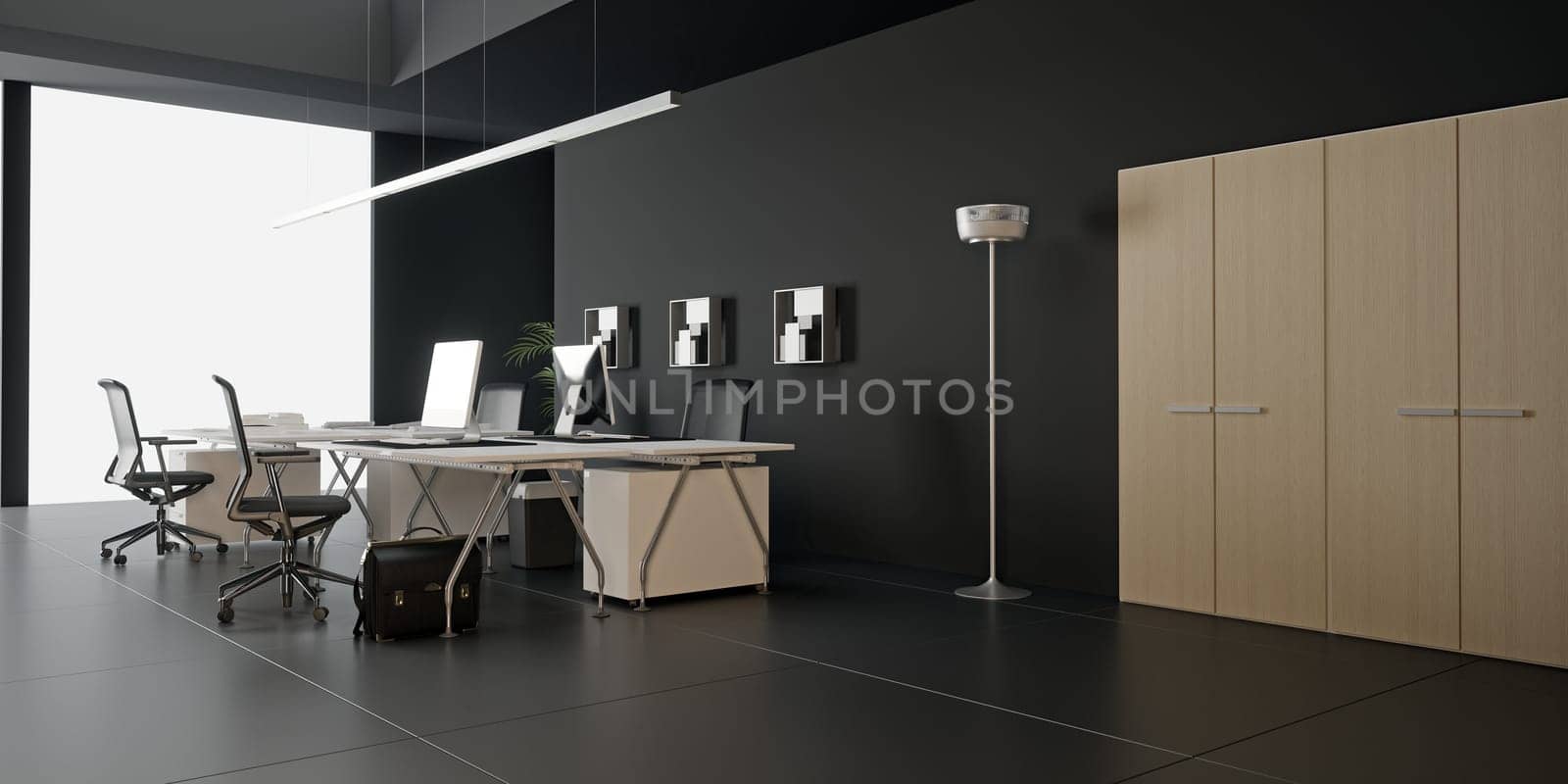 3D interior of bright open office interior space. Render of concept design