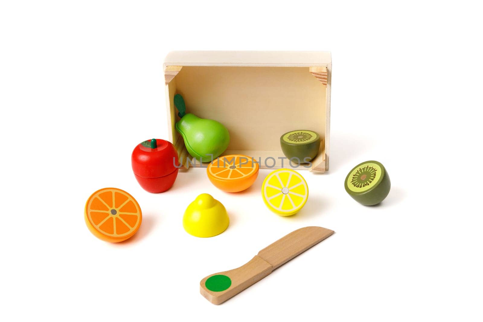 Wooden toy box with fruit and vegetables play set for learning and development of the child.