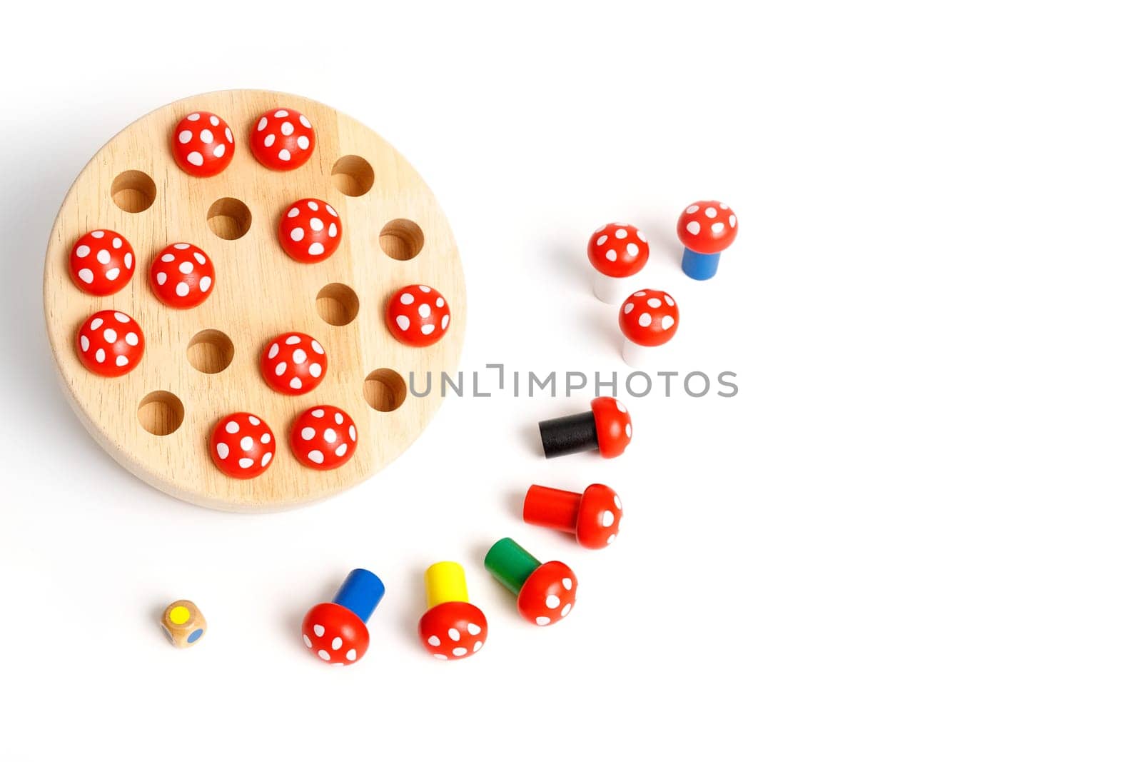 Preschooler wooden board game for memory development, isolated on white background, copy space, top view by Rom4ek