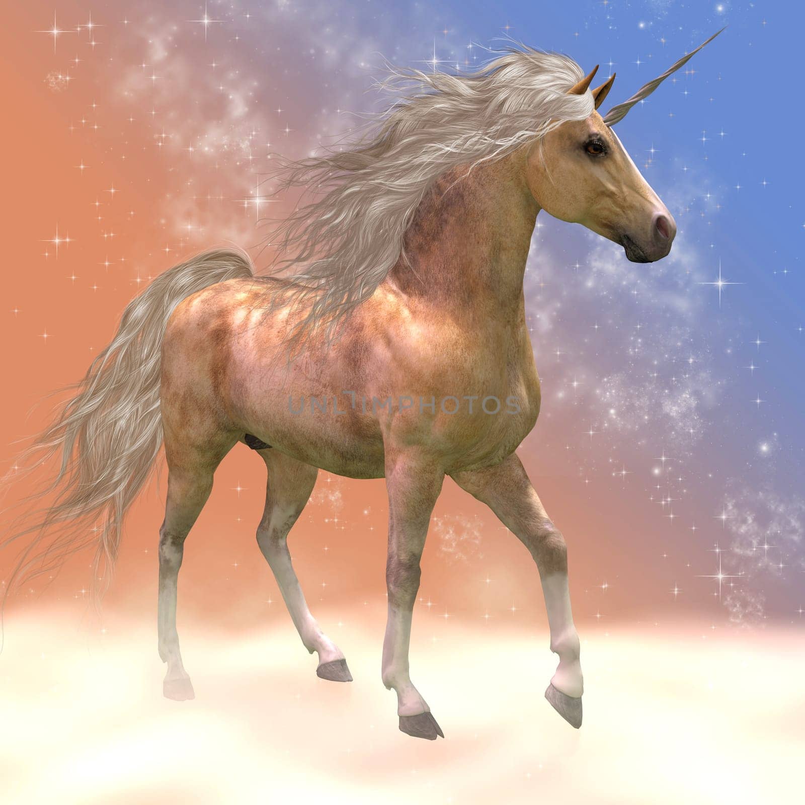 A fantasy image of a Buttermilk male unicorn and misty fog in a dazzling display of stars and light.