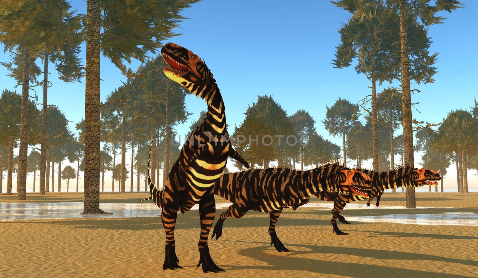 A pack of carnivorous theropod Rajasaurus dinosaurs on the trail of prey during Cretaceous Period.