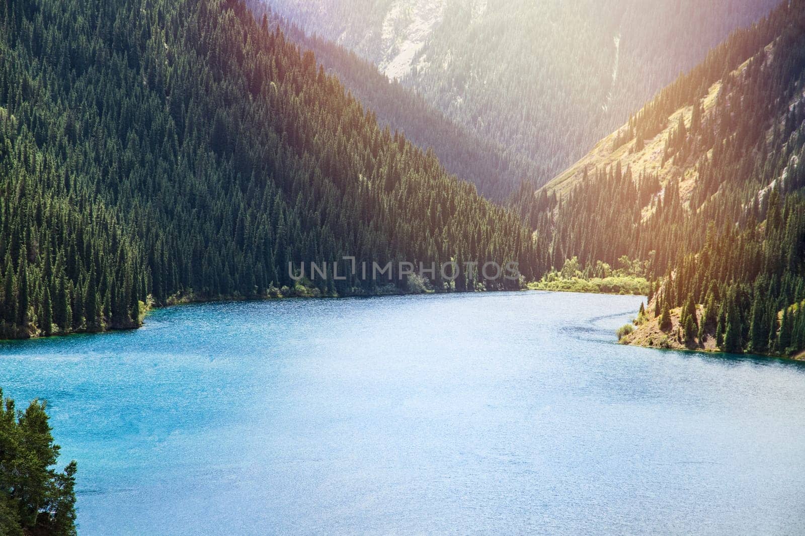 Amazing picturesque view on summer Kolsay lake in Kolsai Koldery gorge near Almaty, nature of Kazakhstan National Park, Central Asia.