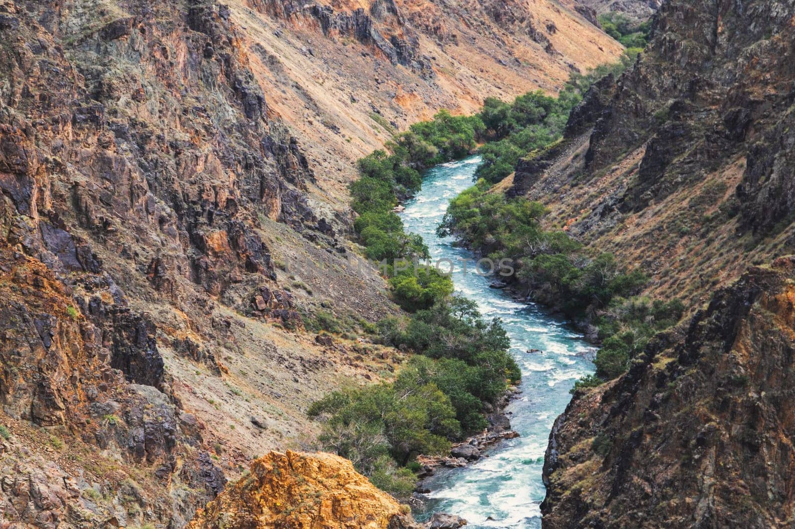The Charyn River, in the gorge that flows through the Charyn Canyon in Kazakhstan in the Almaty region.