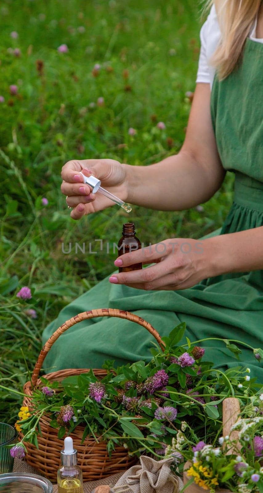 A woman makes herbal tincture. Selective focus. Nature.