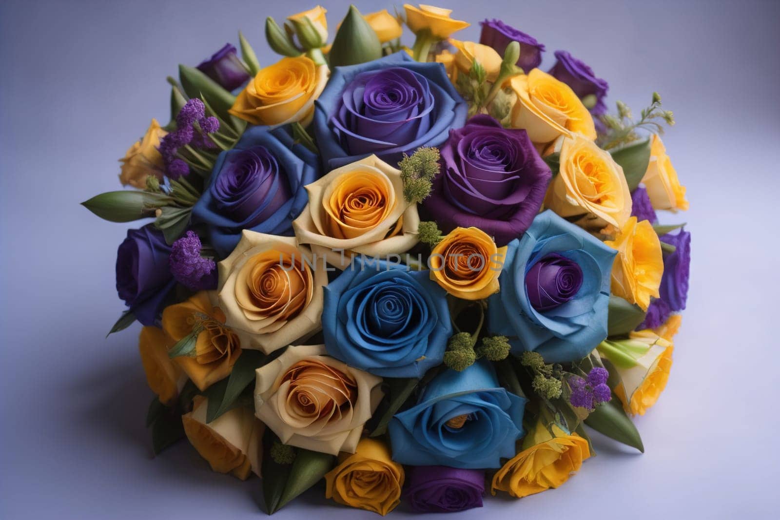 wedding bouquet of different colors on a solid color background. ai generative