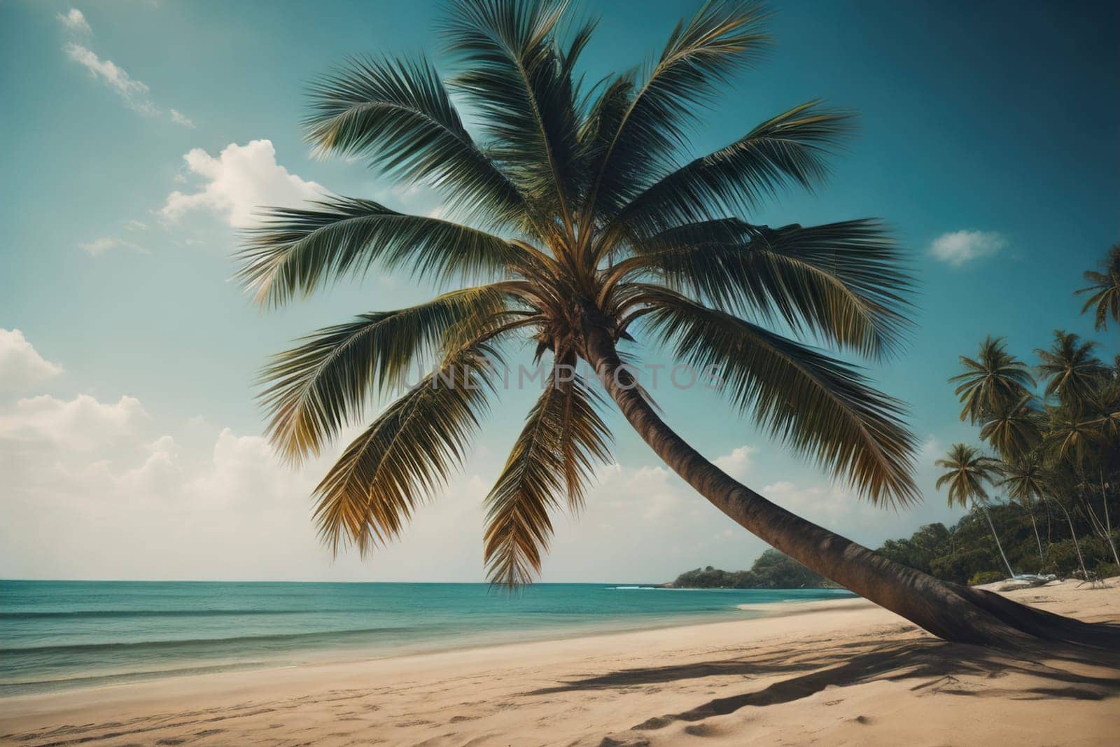 Beautiful tropical beach with coconut palm tree. ai generative by sanisra