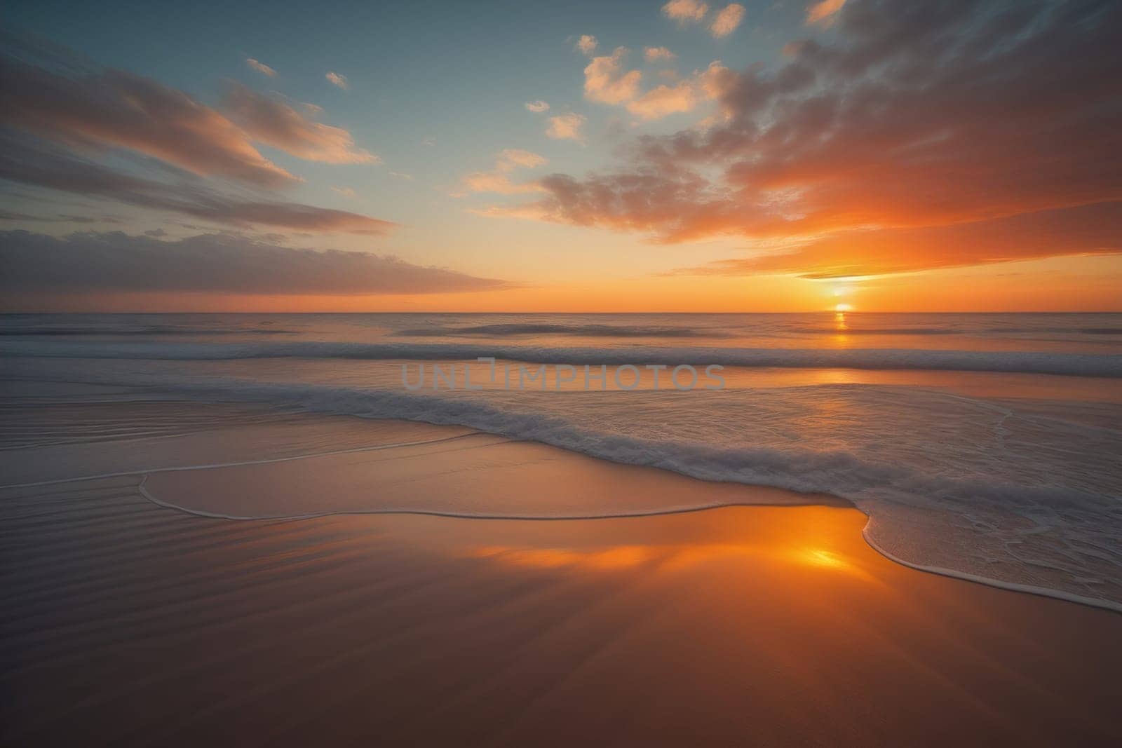 Beautiful sunset on the beach with reflection in the water. Long exposure. ai generative