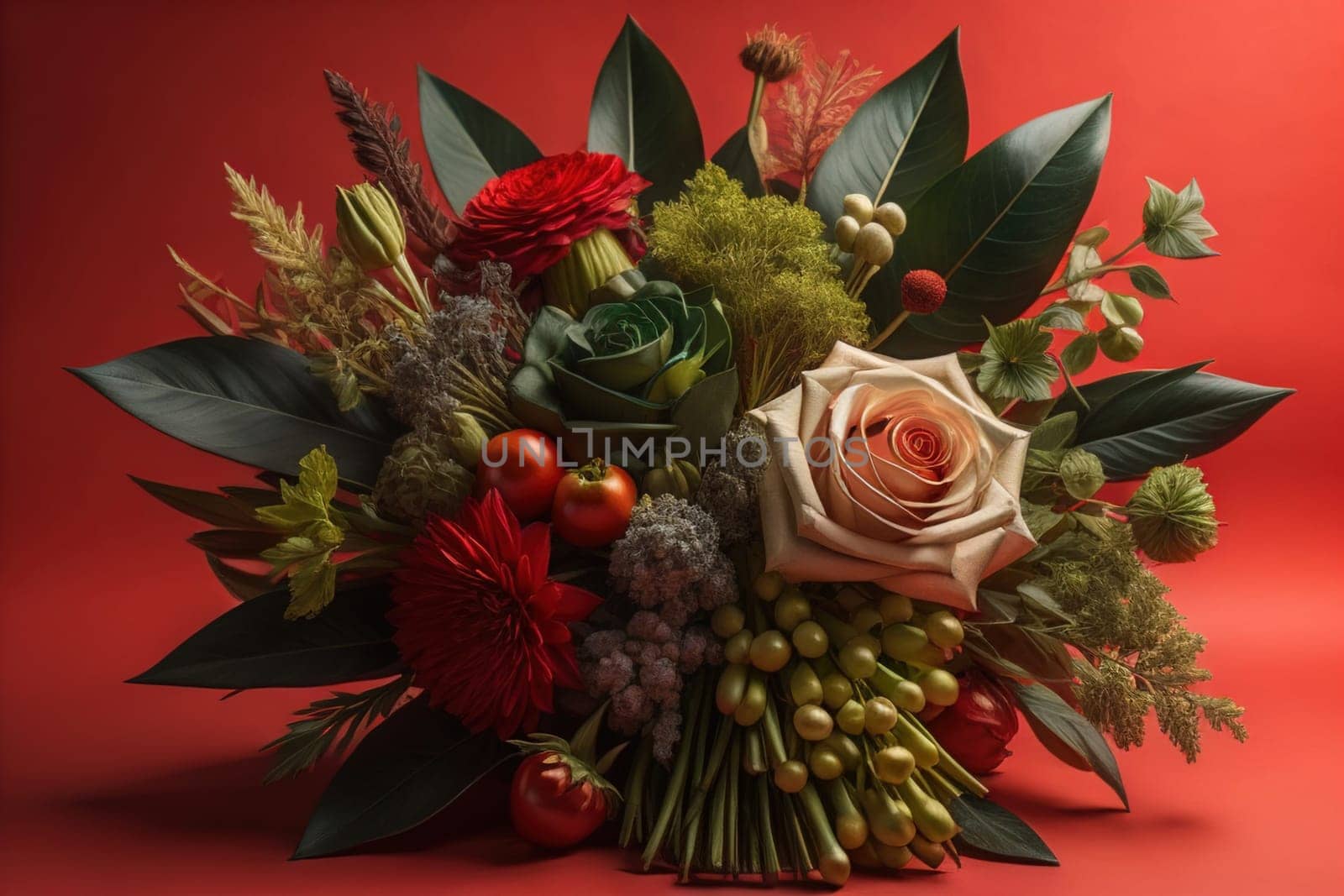 wedding bouquet of different colors on a solid color background. ai generative