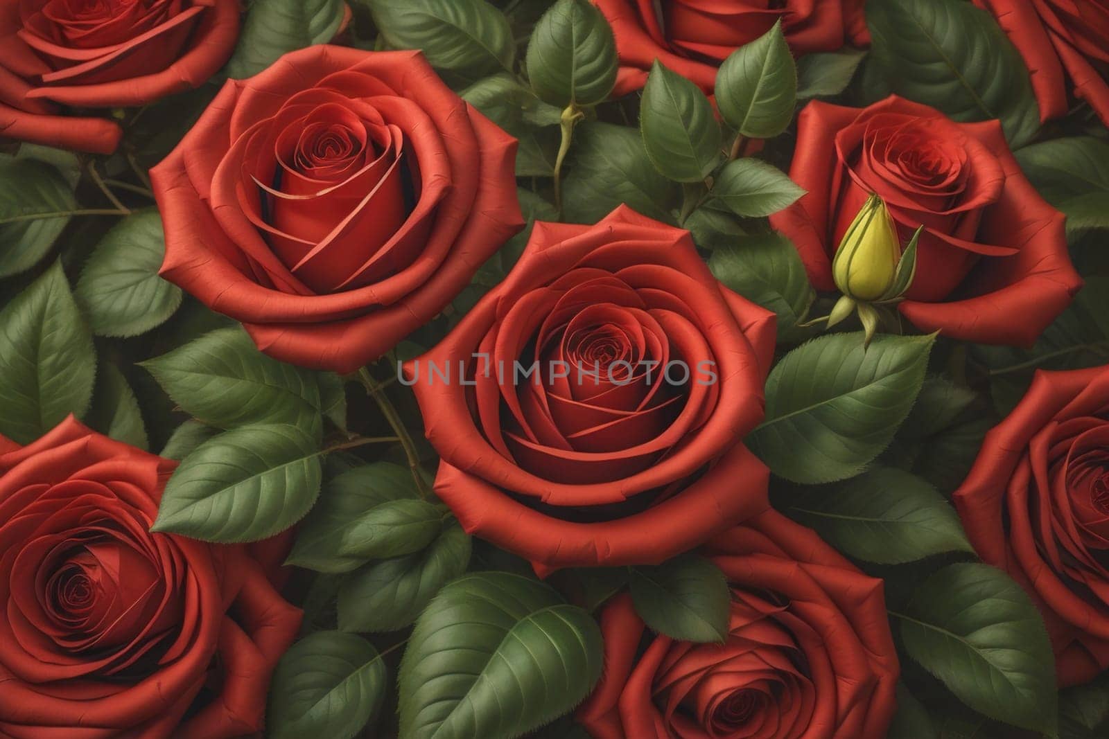 Red roses background. Top view of beautiful red roses with green leaves. ai generative