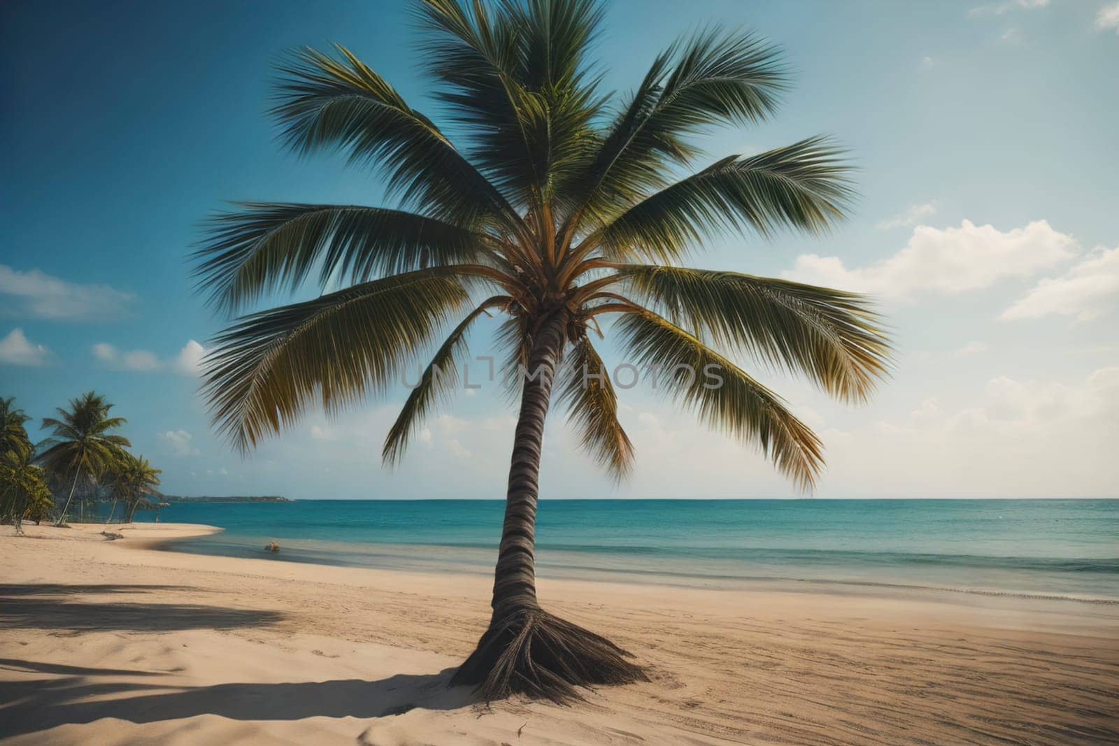 Beautiful tropical beach with coconut palm tree. ai generative by sanisra