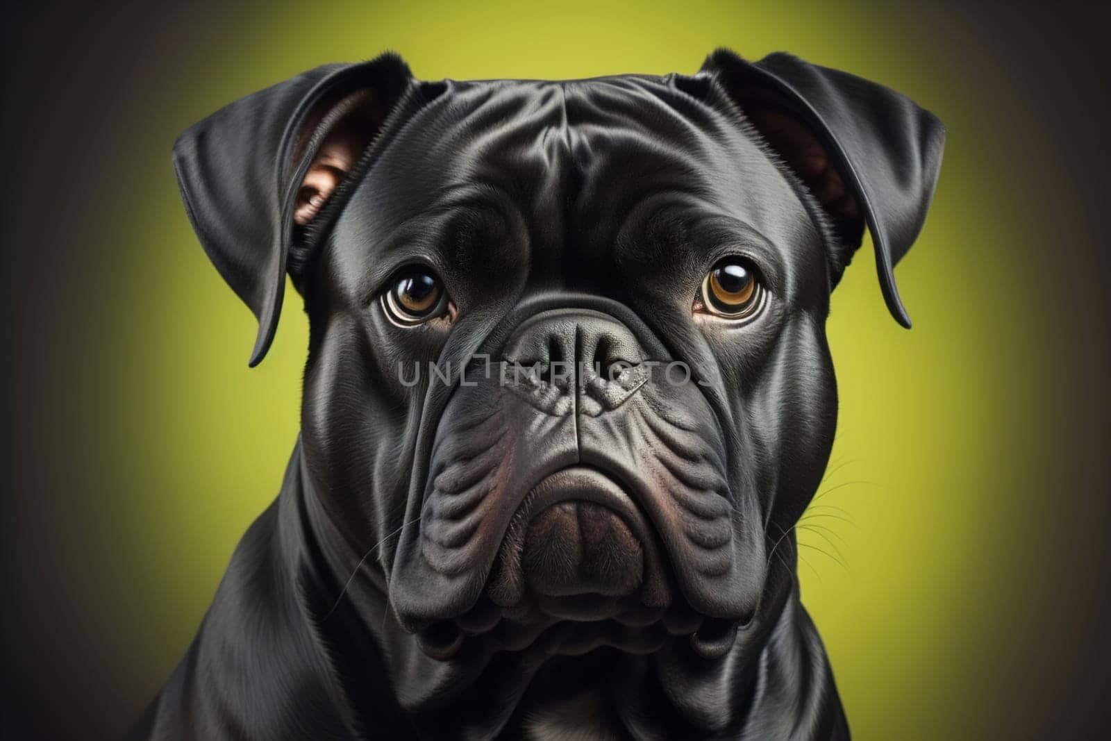 Close up portrait of a cute black dog on a orange background. ai generative