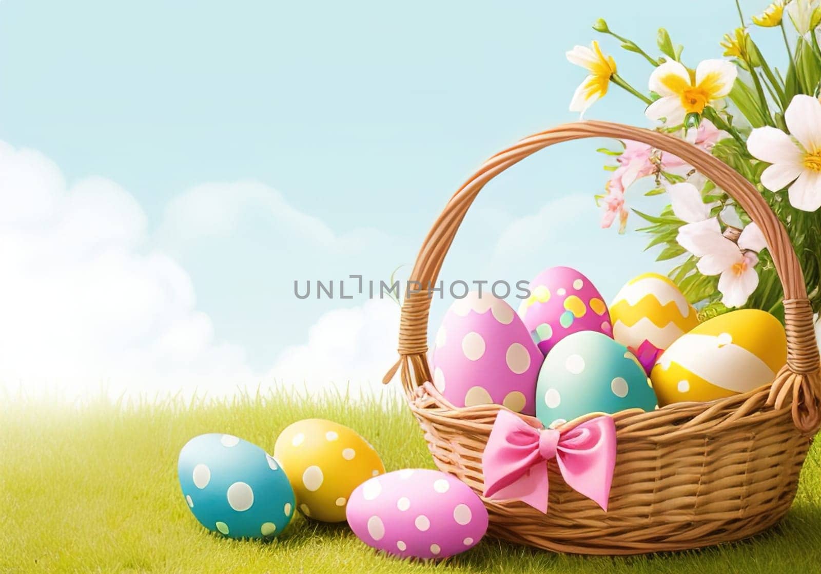 Easter bunny with colorful eggs in nest. ai generative