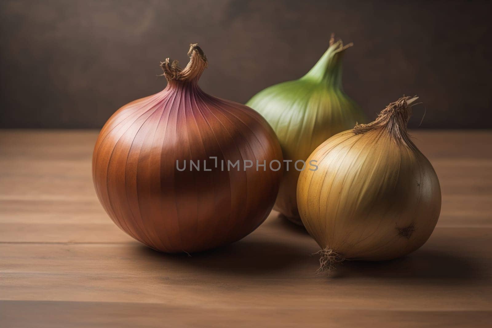 Three onions on a wooden table in front of a solid color background. ai generative