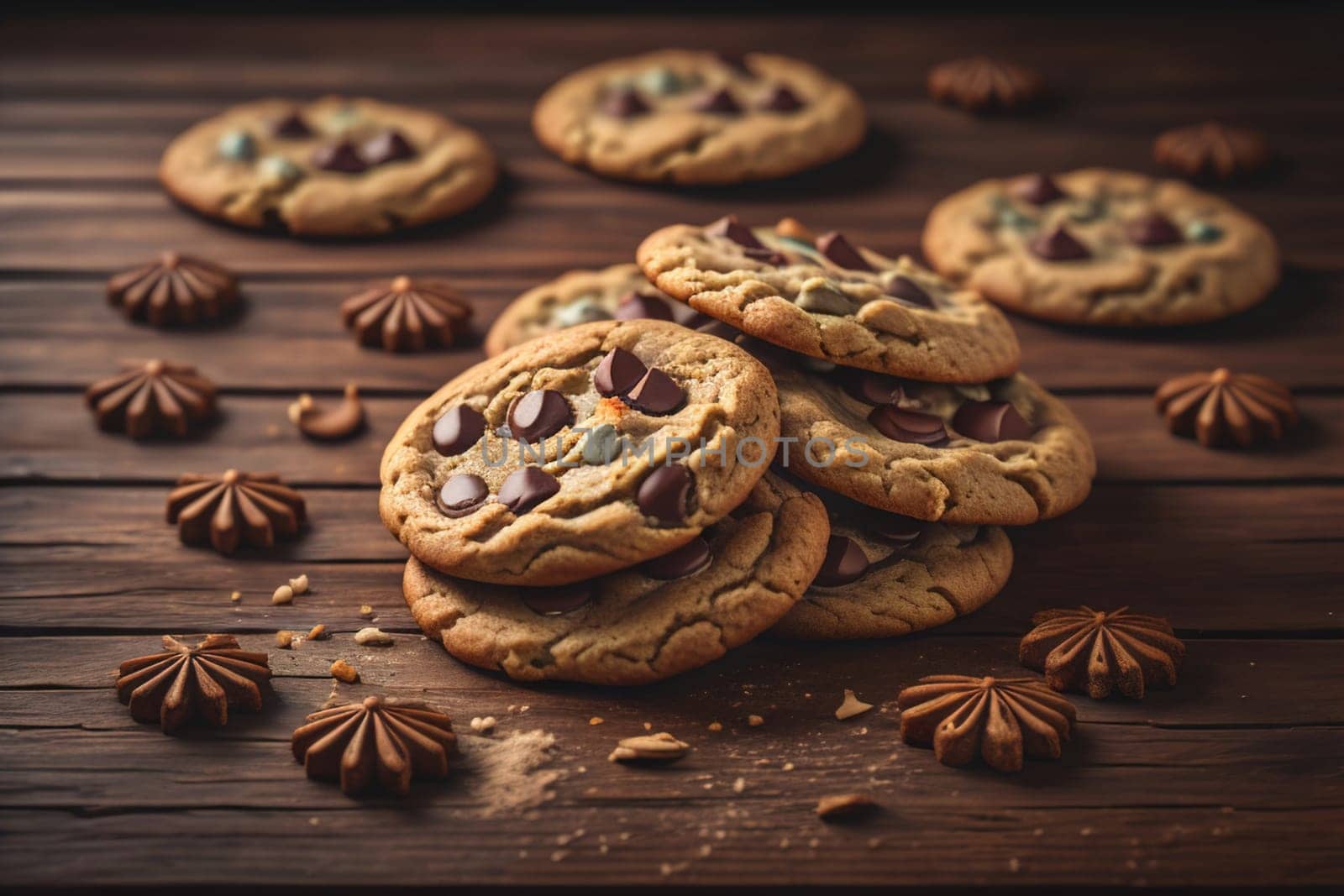 Cookies on a wooden table. Top view. ai generative