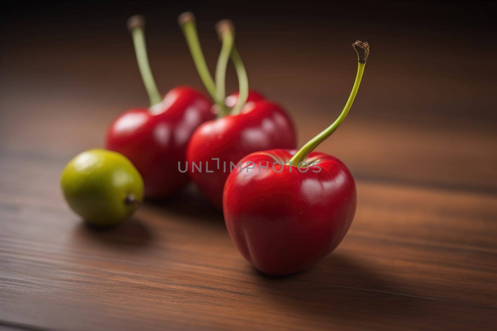 Red cherries on a wooden background. Close up. Selective focus. ai generative