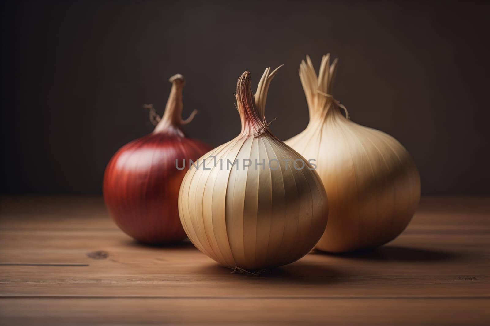 Three onions on a wooden table in front of a solid color background. ai generative