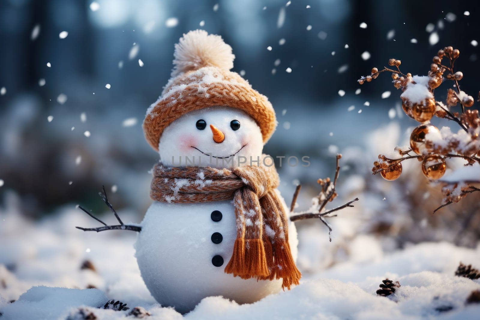 Cute little snowman in knitted hat and scarf standing outside on a winters day. Christmas card, copy space