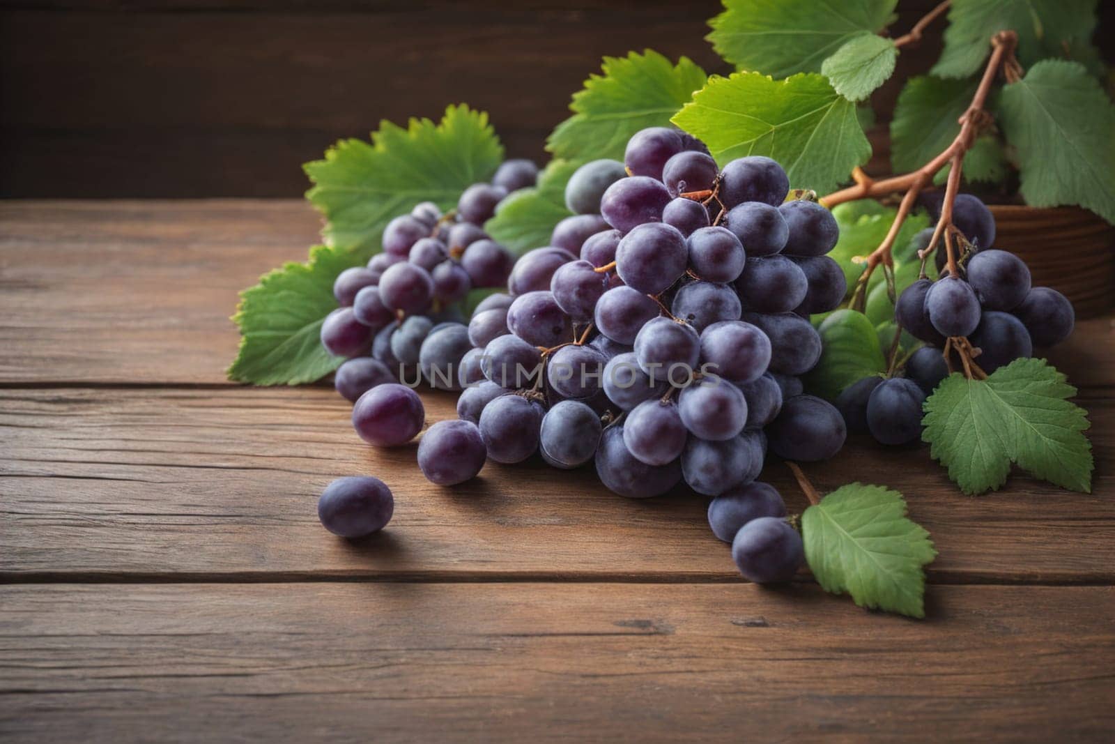 Bunch of fresh grapes on wooden table. Vintage style toned picture. ai generative