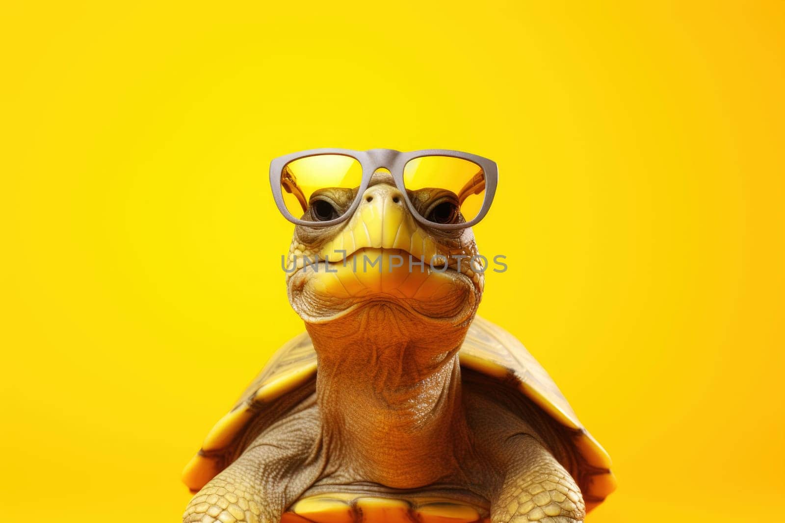 Cute turtle wearing sunglasses on yellow background.