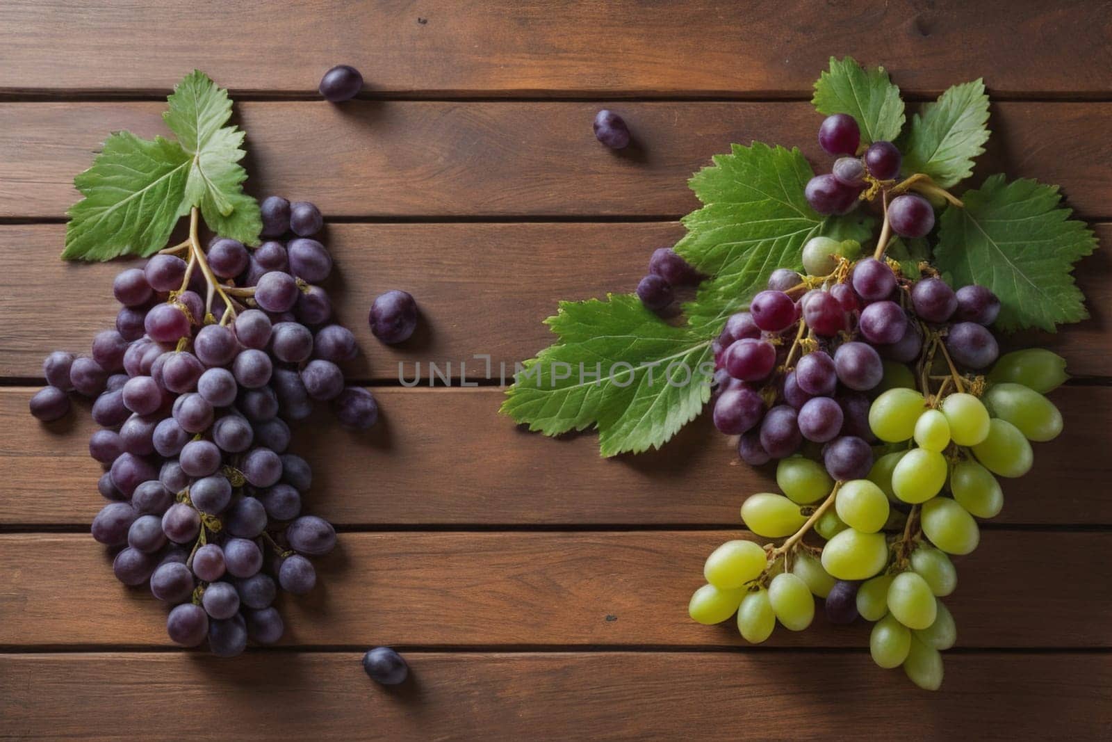 Bunch of fresh grapes on wooden table. Vintage style toned picture. ai generative