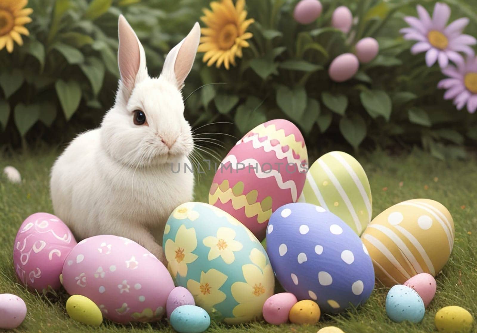 Easter bunny with colorful eggs in nest. ai generative