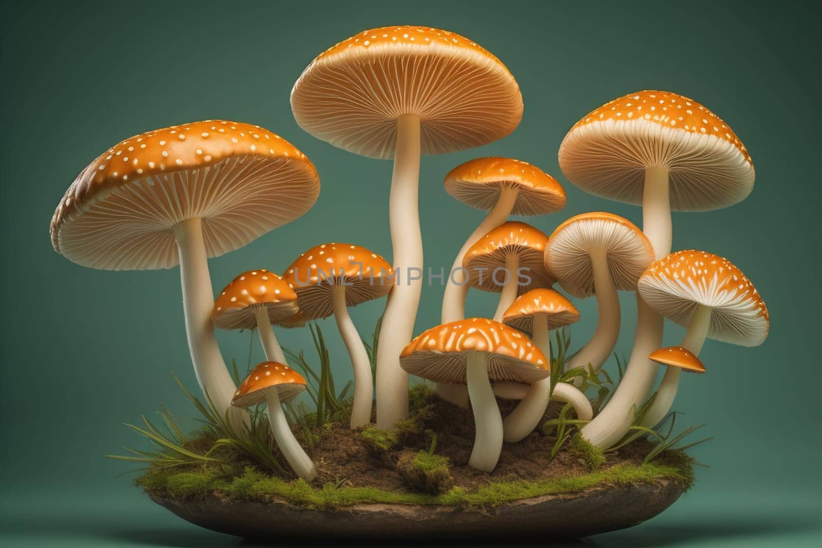 Mushrooms on a solid color background with green moss and water drops. generative ai