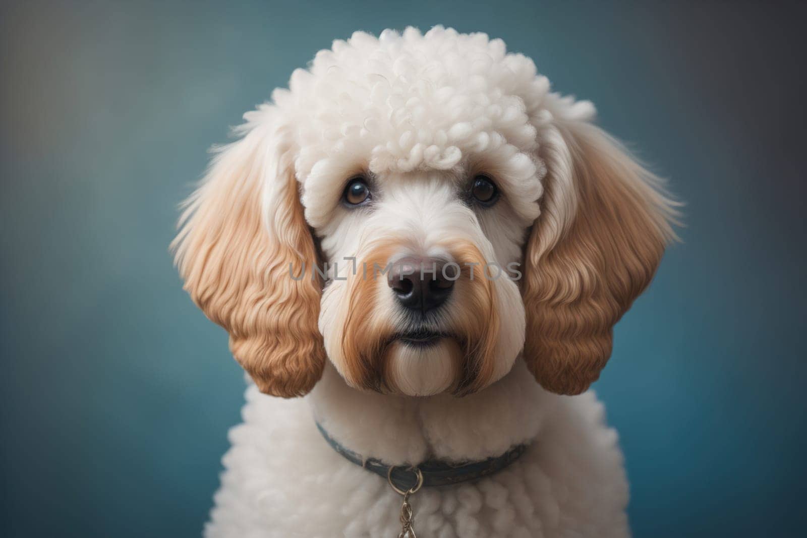 Close-up portrait of a poodle dog on a solid color background. ai generative