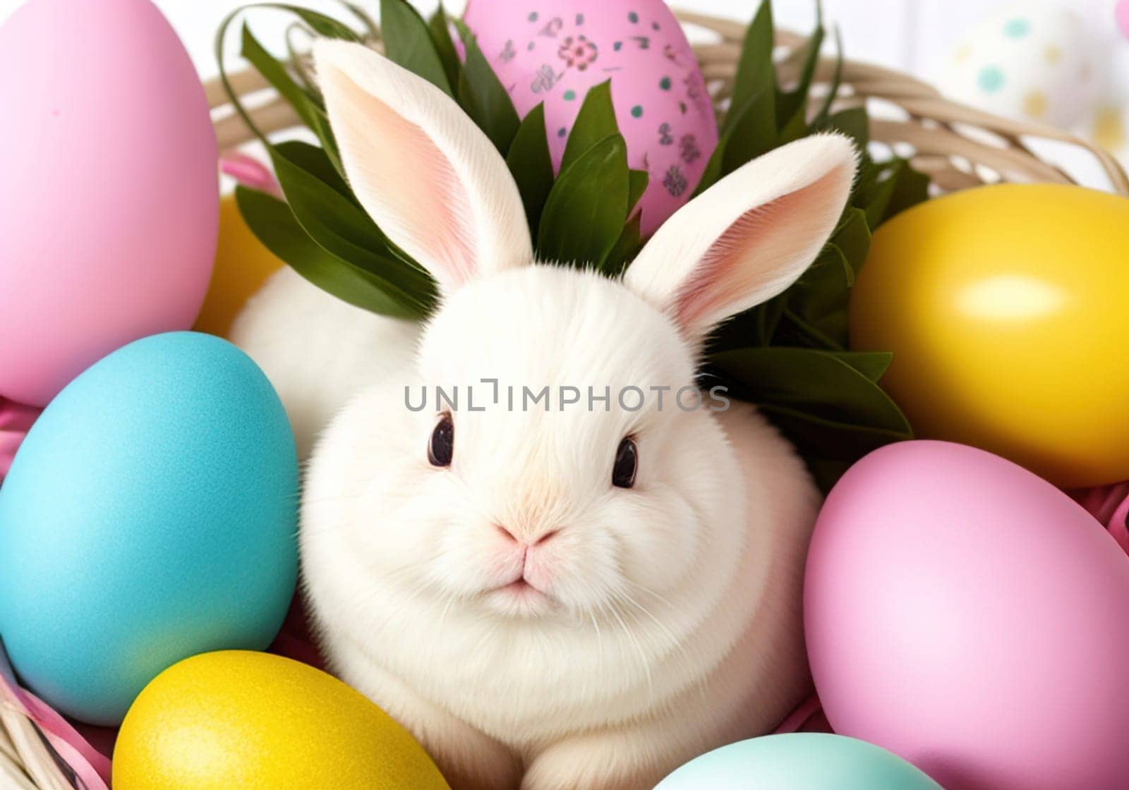 Easter bunny with colorful eggs in nest. ai generative