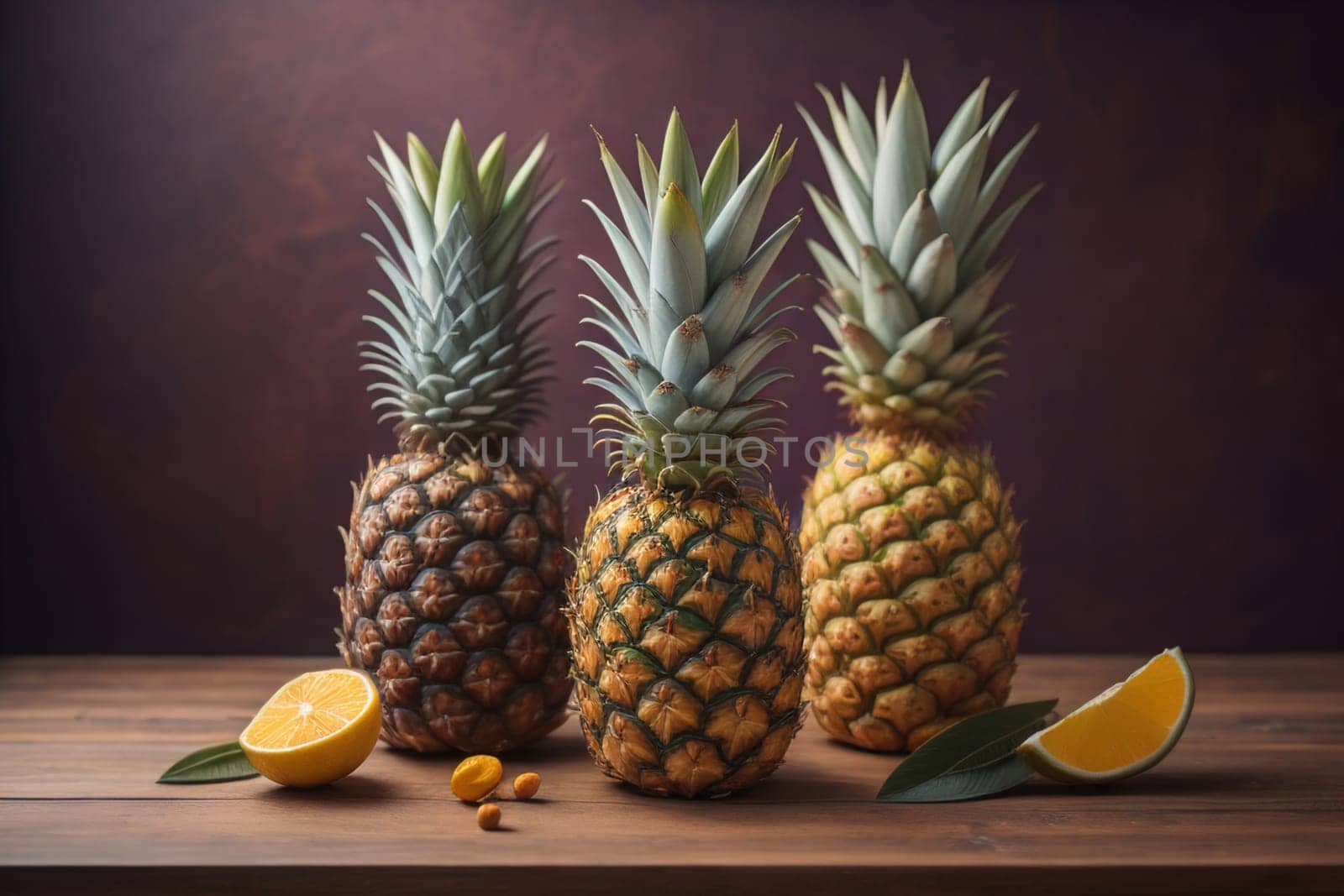 Pineapples on a wooden background. ai generative