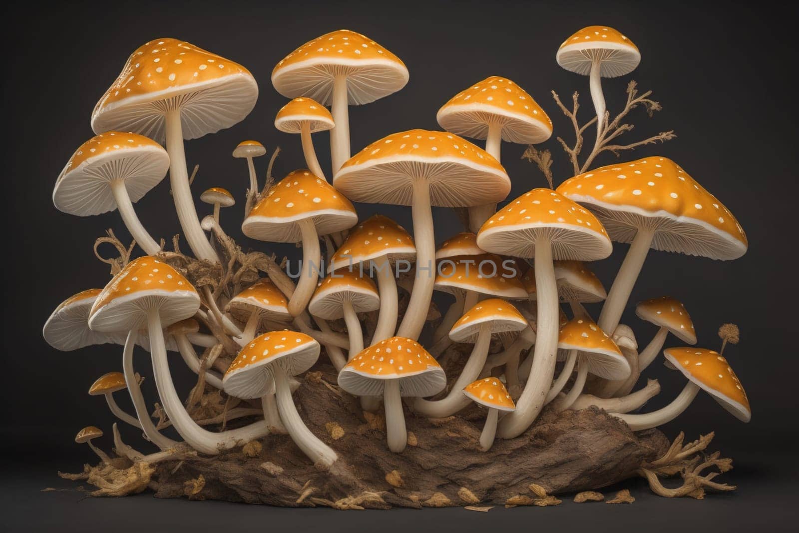 Mushrooms on a solid color background with green moss and water drops. generative ai