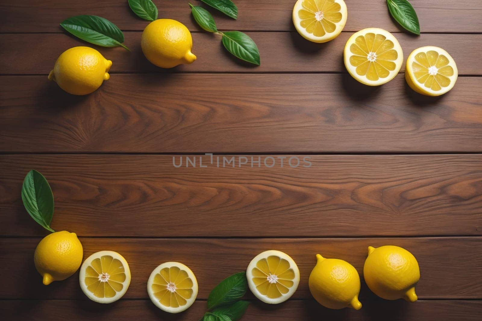 Lemon and slice of lemon on wooden background. Top view. ai generative