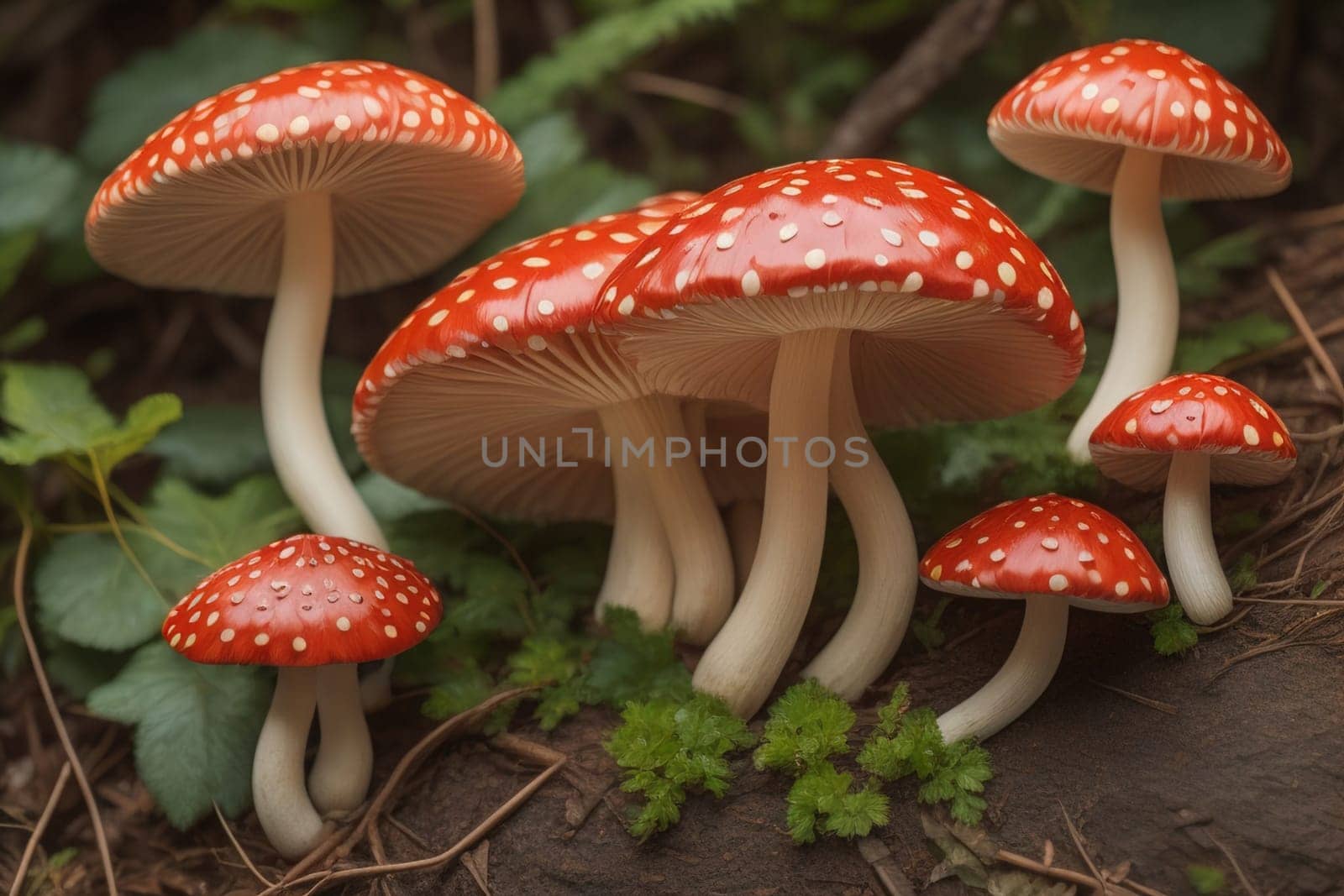 Mushrooms on a solid color background with green moss and water drops. generative ai