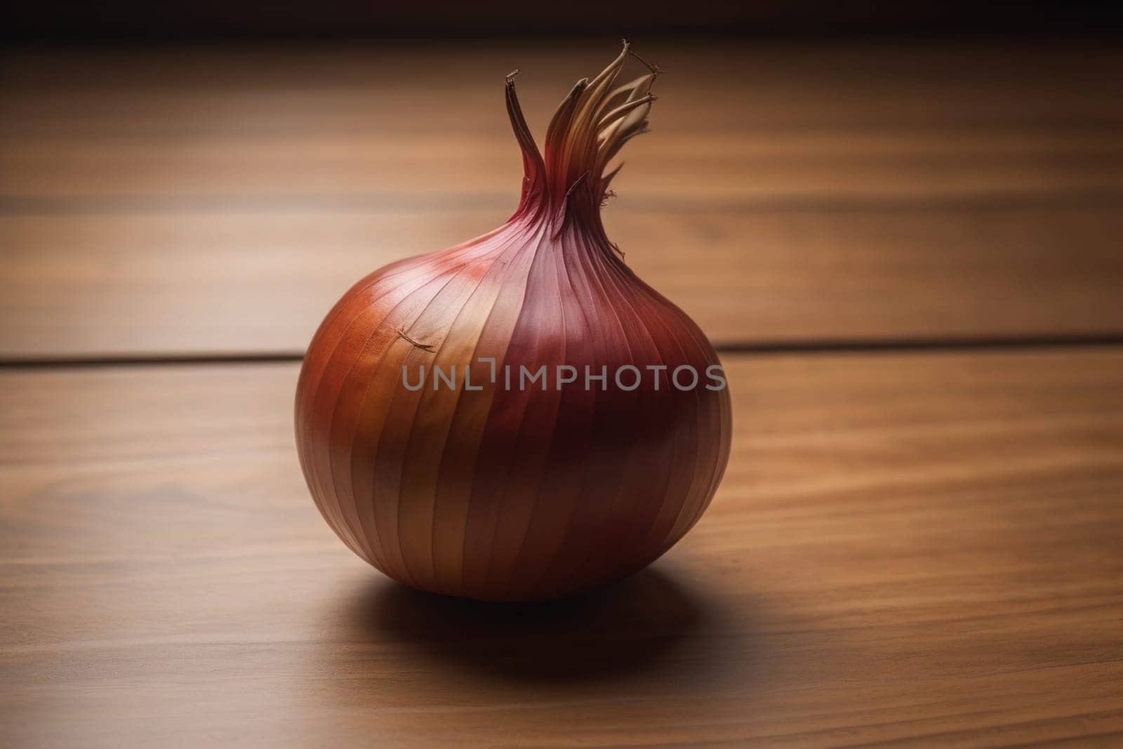 Three onions on a wooden table in front of a solid color background. ai generative