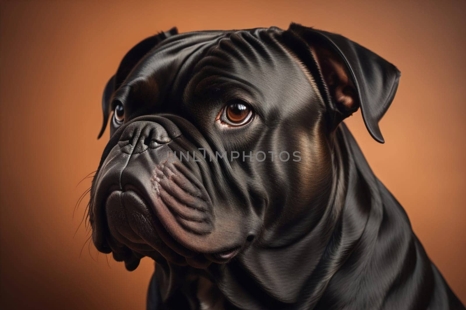 Close up portrait of a cute black dog on a orange background. ai generative