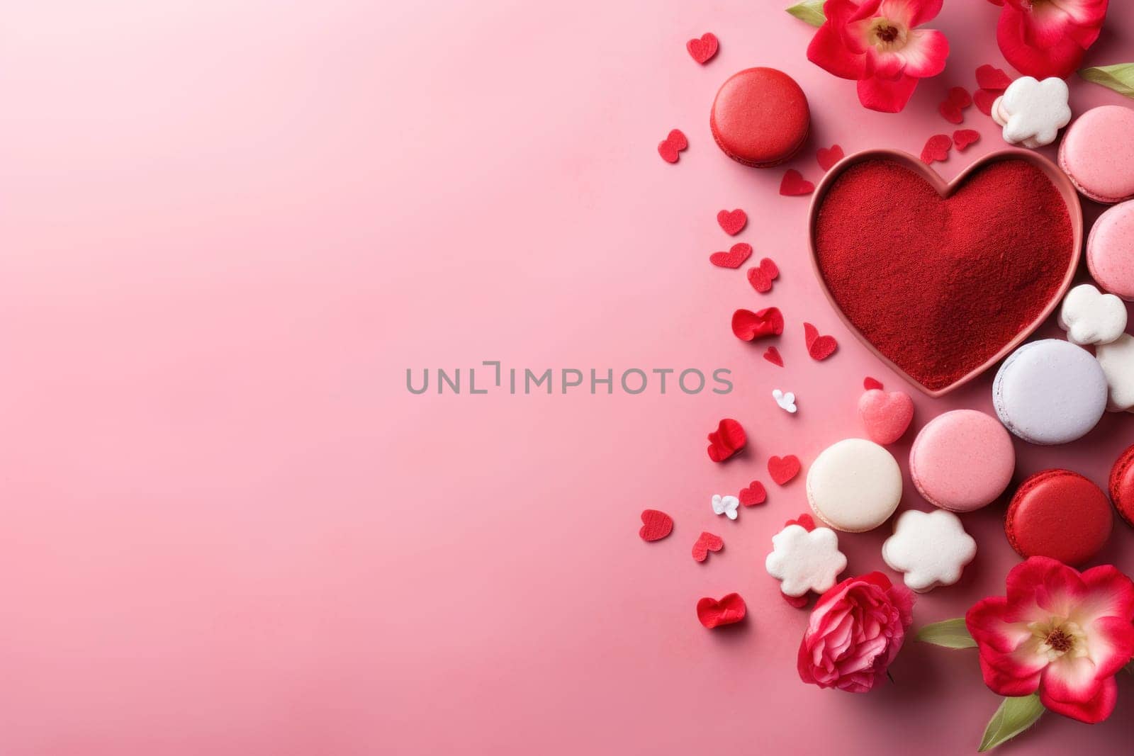A festive background filled with cookies, hearts and flowers. Background for Valentine's Day